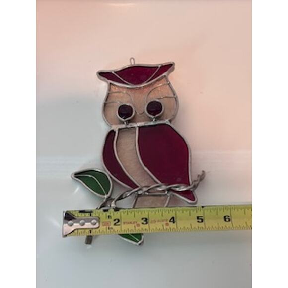 Vintage Owl Stained Glass Sun Catchers Red Silver Green 8"x5" Home Decor - Picture 8 of 8